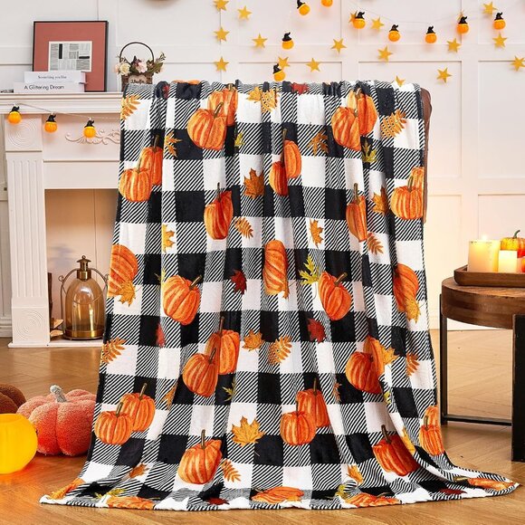 Pumpkin Leaf Fall Plaid Throw Blanket -Cozy 50"x60" Autumn Decor for Couch & Bed - Picture 2 of 7